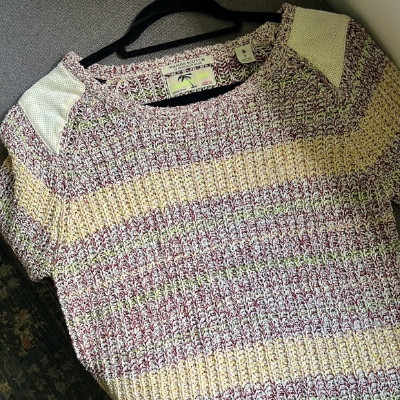 Scotch and Soda Striped Knit Crewneck Sweater with Leather Shoulder Panels - Picture 6 of 6